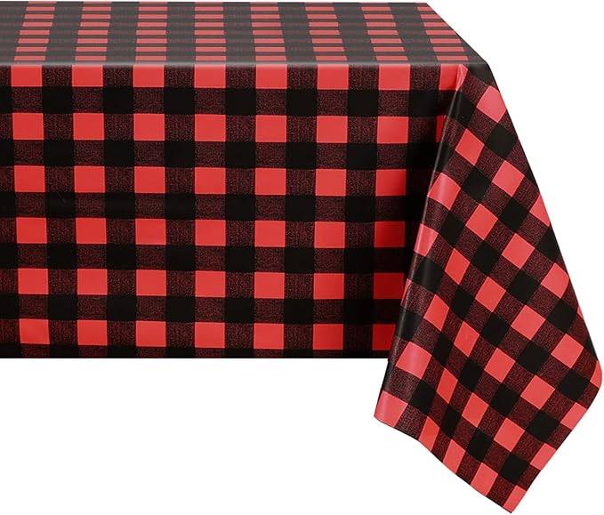 Romanstile Rectangle Vinyl Tablecloth, 100% Waterproof Buffalo Gingham Plastic Table Cloth, Heavy Duty Wipeable Checkered Table Covers for Outdoor, Camping, Picnic, Patio - 54 x 120, Black and Red