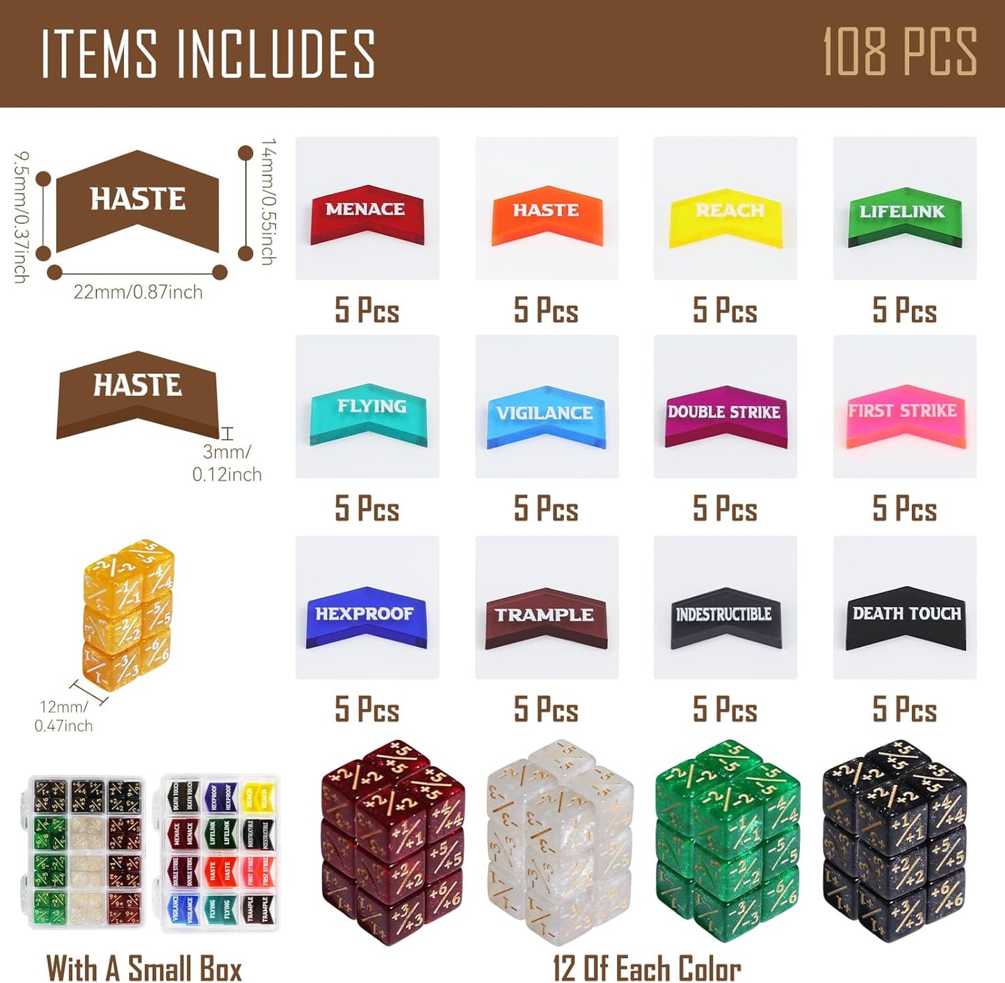 108PCS MTG Keyword Tokens & 12mm MTG Life Counter Dice Set for Magic Card, CCG Creature Stats Loyalty Dice with Box, Magic TCG Card Game Accessories