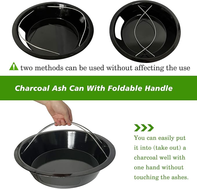 KAMaster Ash Can with Handle Compatible with XL Big Green Egg,Charcoal Ash Collector Must Haves Green Eggs Accessories Carbon Steel Ash Pot with Enamel Coating Steel Folding Handle Kamado Ash Basket