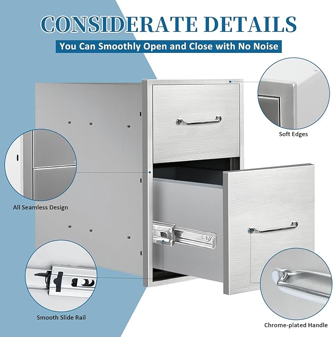 Outdoor Kitchen Drawers 14"Wx21"Hx21"D Flush Mount Access 2-Drawer BBQ Stainless Steel Drawers with Handle for Outdoor Kitchen Island or Grill Station