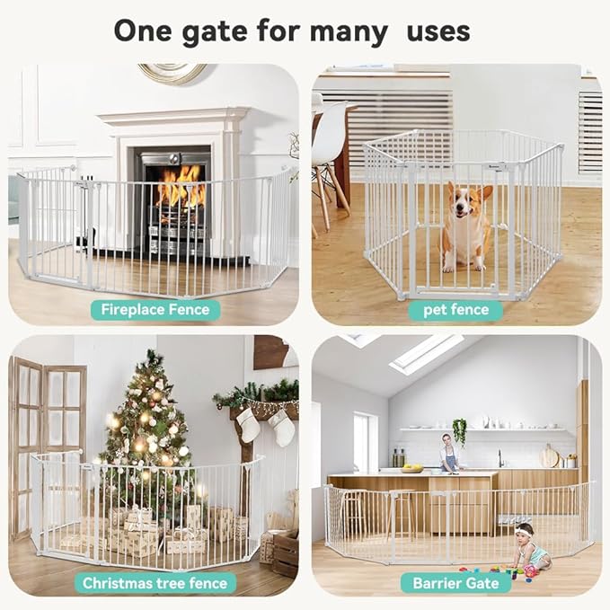 COMOMY 150" Extra Wide Baby Gate with Door, Dog Gates for The House Doorways Fireplace, Auto Close Baby Fence Play Area, Walk Through Pet Gate, Hardware Mounted, 6-Panels (30" Tall, White)