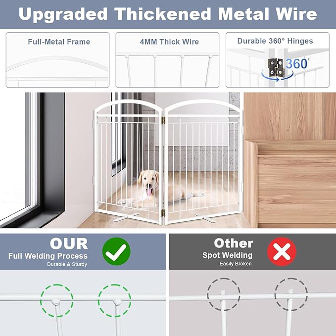 Full Metal Free Standing Dog Gate with Door for Indoor Outdoor, 48'' Extra Wide 32'' Tall Dog Gate for Doorways,Large Openings,Decks,Pet Puppy Freestanding Safety Fence(2 Panels,White)