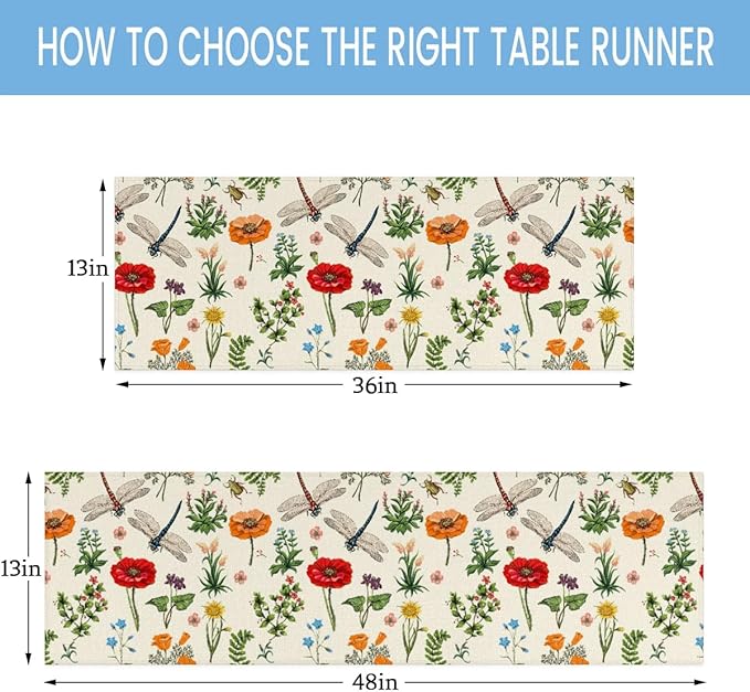 Flowers Dragonflies Table Runner Kitchen Dining Table Runner 13*120in Table Center Decor for Indoor Outdoor Home Holiday Party