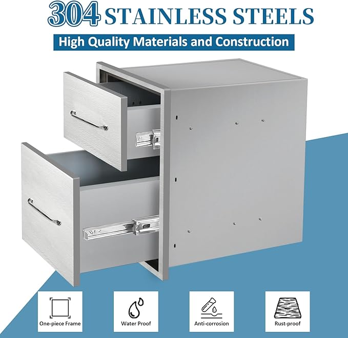 Outdoor Kitchen Drawers 14"Wx21"Hx21"D Flush Mount Access 2-Drawer BBQ Stainless Steel Drawers with Handle for Outdoor Kitchen Island or Grill Station