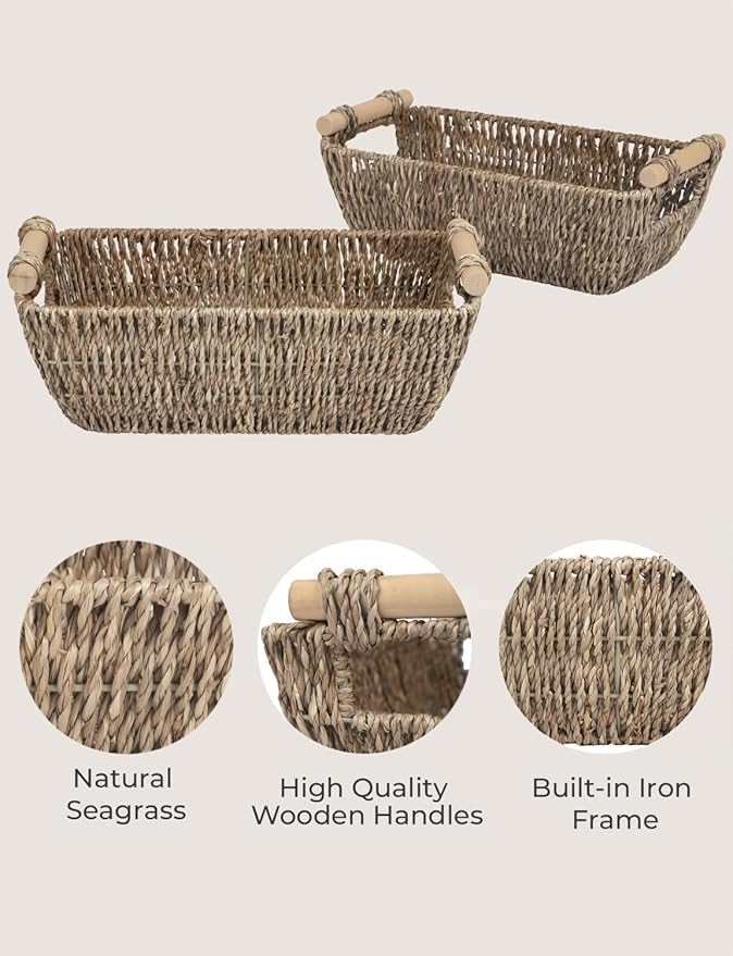 StorageWorks Small Baskets for Shelf, Seagrass Woven Basket with Wooden Handles for Gifts, 2-Pack