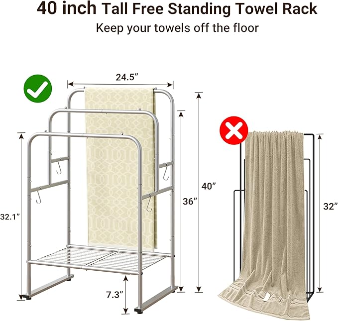 ELYKEN 40'' Tall Standing Towel Racks, 3 Tier Towel Drying Rack Outdoor, Pool Towel Stand Blanket Holder with Shelf & 4 Removable Hooks, Metal Freestanding Towel Racks for Bathroom, Smooth Silver