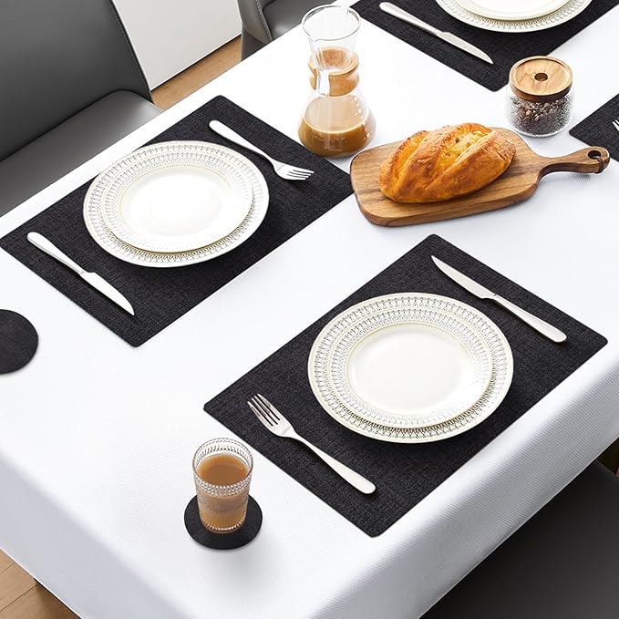 MOSAYT Placemats Set of 4, Heat Resistant Vinyl Place Mats with Coasters, 100% Waterproof Wipeable Washable Faux Leather Table Mats for Kitchen Dining Party Indoor Outdoor, 12" x 17", Black