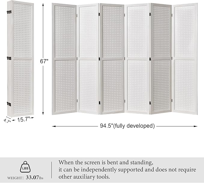 Pegboard Display, 5.6Ft Wooden Room Divider Folding Privacy Screens Portable Freestanding Wall Organizer for Retail Craft Art Display Board (6panels, White)