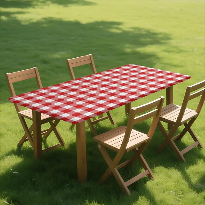 Rectangle Table Cloth Cover Waterproof Elastic Fitted Polyester Fitted Tablecloths for 6 Foot Tables for Indoor,Picnic, Camping, Outdoor （72" x 30"，Red Grid）