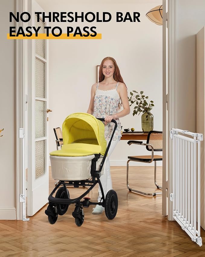 Baby Gate for Stairs Doorways & Kitchen, 26.4"-43" W x 29" H, No Bottom Bar Dog Gate, One-Handed Auto-Close, Hardware Mount Safety Gate for Dogs & Toddlers, White