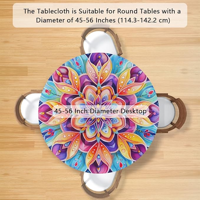 Floral Colorful Bright Vintage Round Table Cloth Cover, Elastic Edge Waterproof Wipeable Tablecloths 45"-56" Polyester Tablecloth for Party Restaurant Banquet Holiday Camping Outdoor Picnic