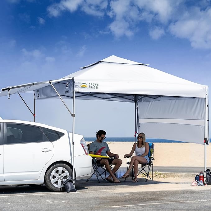 CROWN SHADES 10x10 Pop Up Canopy Tent with Patented Center Lock, 150D Silver Coated Fabric, 2 Extendable Awnings, Instant Commercial Canopy with 4 Weight Bags, Ropes, Stakes & Wheeled Carry Bag, White