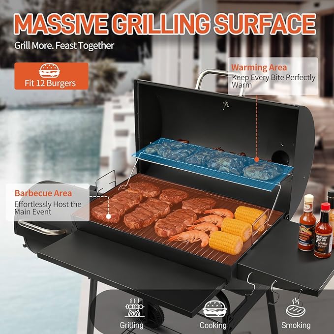 VINGLI Barrel Charcoal Grill with Offset Smoker, Built-in Lifting Carbon Mesh, Large Charcoal Barbecue Smoker Grill Combo for Outdoor Backyard Patio Camping Parties 52 × 20 × 44 inch