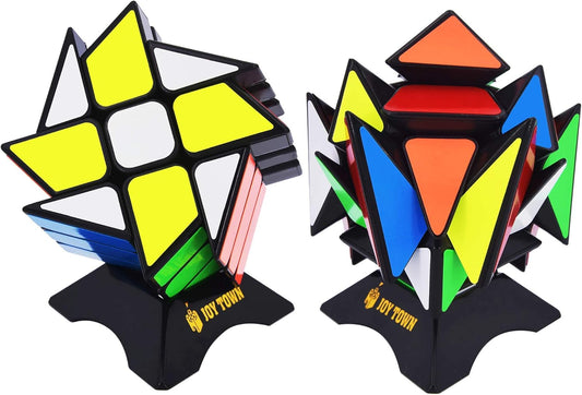 JoyTown Speed Cube Set of 2 Bundle Pack Windmill Cube Magic Puzzle, YJ Axis V2 New Version Fluctuation Angle Twisty Puzzle, Odd 3x3 Speedcubing with Bonus Stands Black