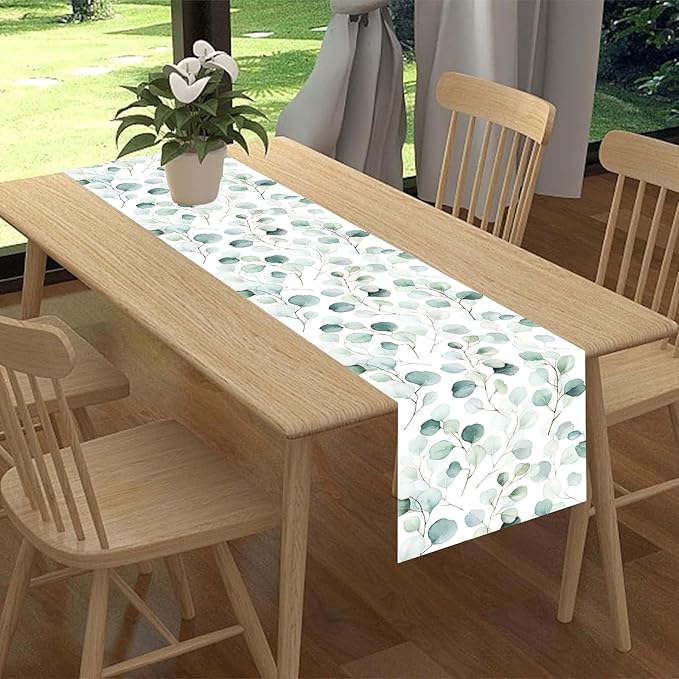 Green Eucalyptus Table Runner, Farmhouse Spring Summer Seasonal Plants Leaves Rustic Country Greenery Cafe Coffee Table Center Decor for Home Kitchen Dining Patio Indoor Outdoor, 13"x90" Inch