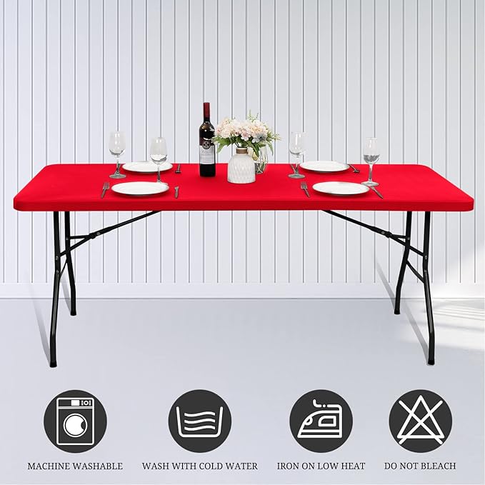 6 Pack Stretch Fabric Table Top Cap Cover, fits 8' Tables, Spandex Table Covers Washable Elastic Universal Rectangle Tablecloth Protector for Indoor Outdoor Party Picnic Wedding, Red, 30" W x 96" L