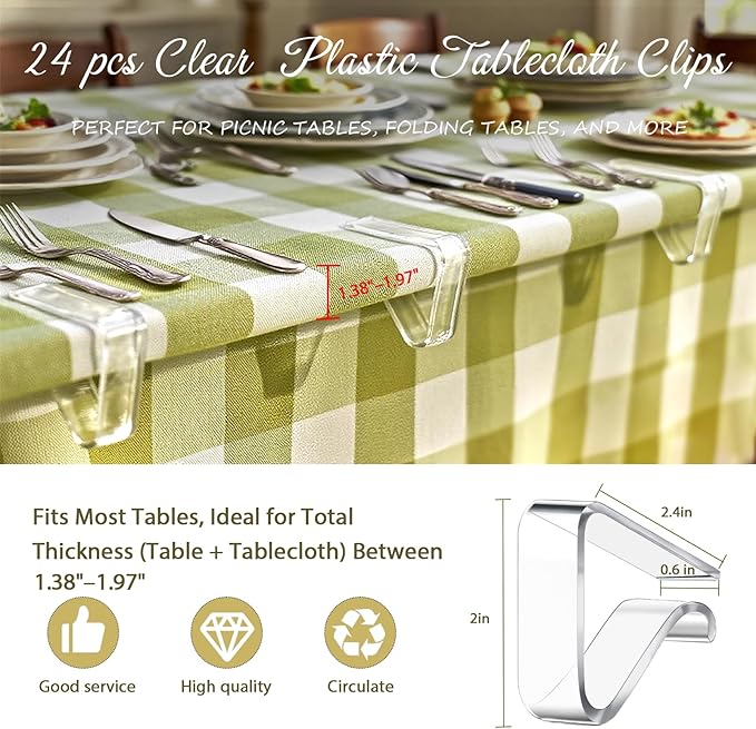 24 Pcs Clear Tablecloth Clips for Indoor Outdoor Tables, Plastic Table Cloth Holder Clips for Thick Tables, Picnic Table Clip Clamps Large
