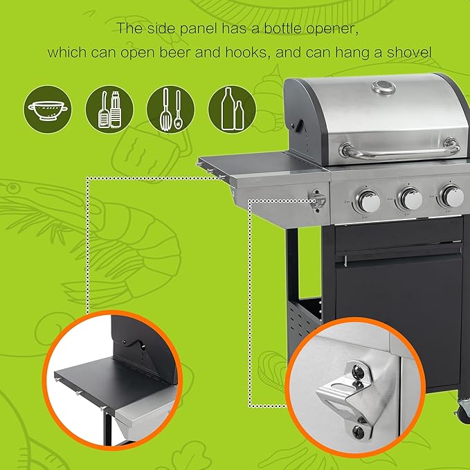 Zateety 3 Burner Propane Grill - 40,500 BTU Gas Grill with Side Burner, Stainless Steel with Iron Cast Grates for Outdoor Cooking, Patio, Camping BBQ, Garden Barbecue Grill, Black and Silver
