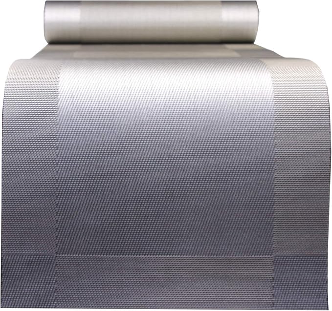PIGCHCY Elegant Placemats with Matching Table Runner,Washable Placemats Crosswoven Vinyl Table mats Sets(6pcs Round Placemats+1pcs Table Runner,Grey Silver)