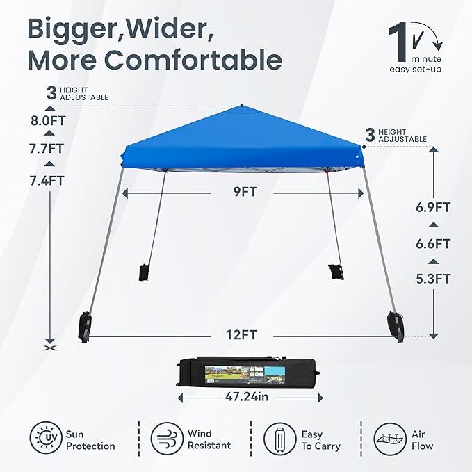 PHI VILLA 12x12 Slant Leg UV Block Sun Shade Canopy with Hardware Kits, Shade for Patio Outdoor Garden Events, Blue