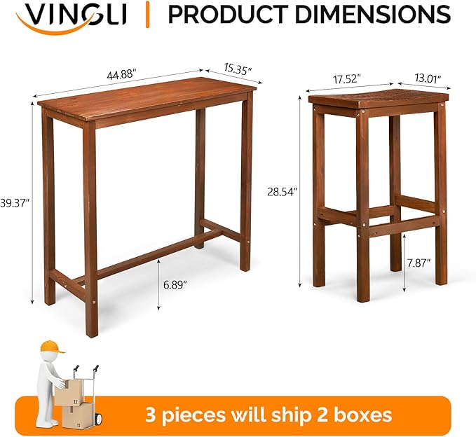 VINGLI 3-Piece Fir Wood Outdoor Bar Table and Chairs Set, Outdoor Bar Height Table with 2 Bar Stools Patio Bistro Set for Garden Balcony Backyard (Brown)