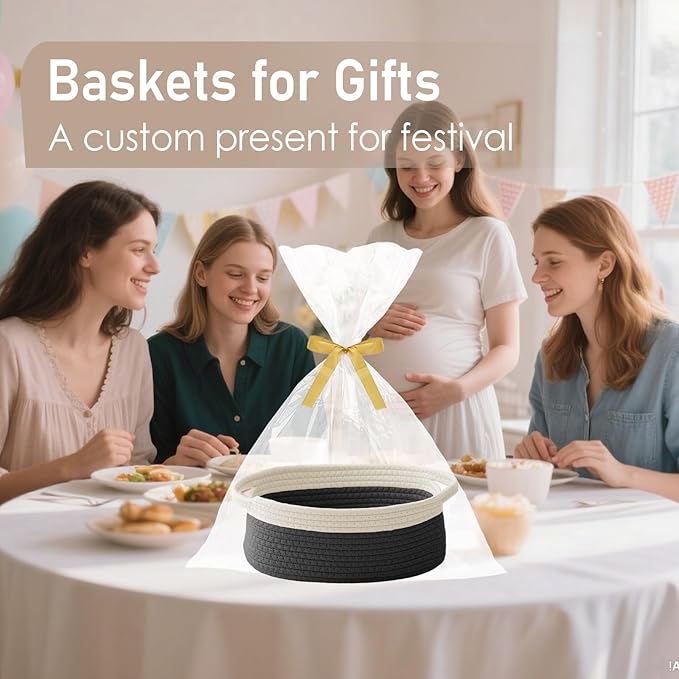 Woven Basket,Small Rope Storage Bin with Handles & Ribbon Bag, Organizer for Shelves Closets,Gift Basket Empty for Birthday,Books,Dog Toys, White&Black/3 Pack