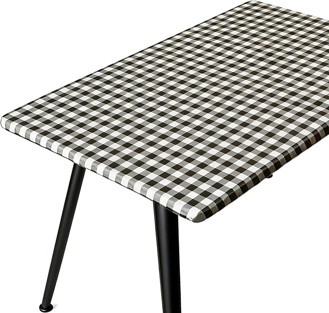 Rectangle Picnic Table Cloth, Elastic Waterproof Fitted Vinyl Tablecloths for 6 Foot Tables, Wipeable Flannel Backed Table Covers for Dining, Camping, Outdoor(Black Plaid,30"x72")