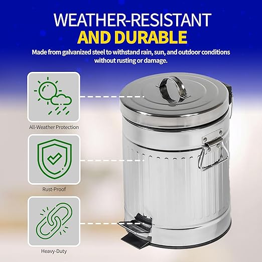 Pet Fit For Life 16" Tall Galvanized Steel Trash Can - Features Step Foot Pedal, Lid Lift - Plastic Inner Lining & Custom Liner Bags - Weather-Resistant, Covered Bin for Lawn & Yard (12L/3.2 Gallons)
