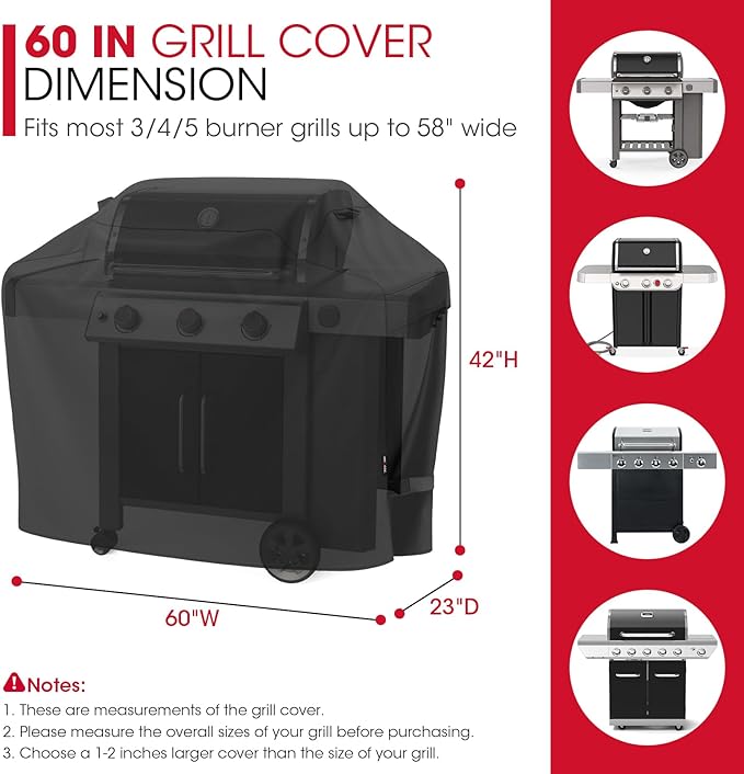 Unicook Grill Cover 60 Inch, Heavy Duty Waterproof Gas Grill Cover for Outside, Fade Resistant Outdoor Barbecue Protector, Compatible with Weber Char-Broil Nexgrill BBQs up to 58" Wide