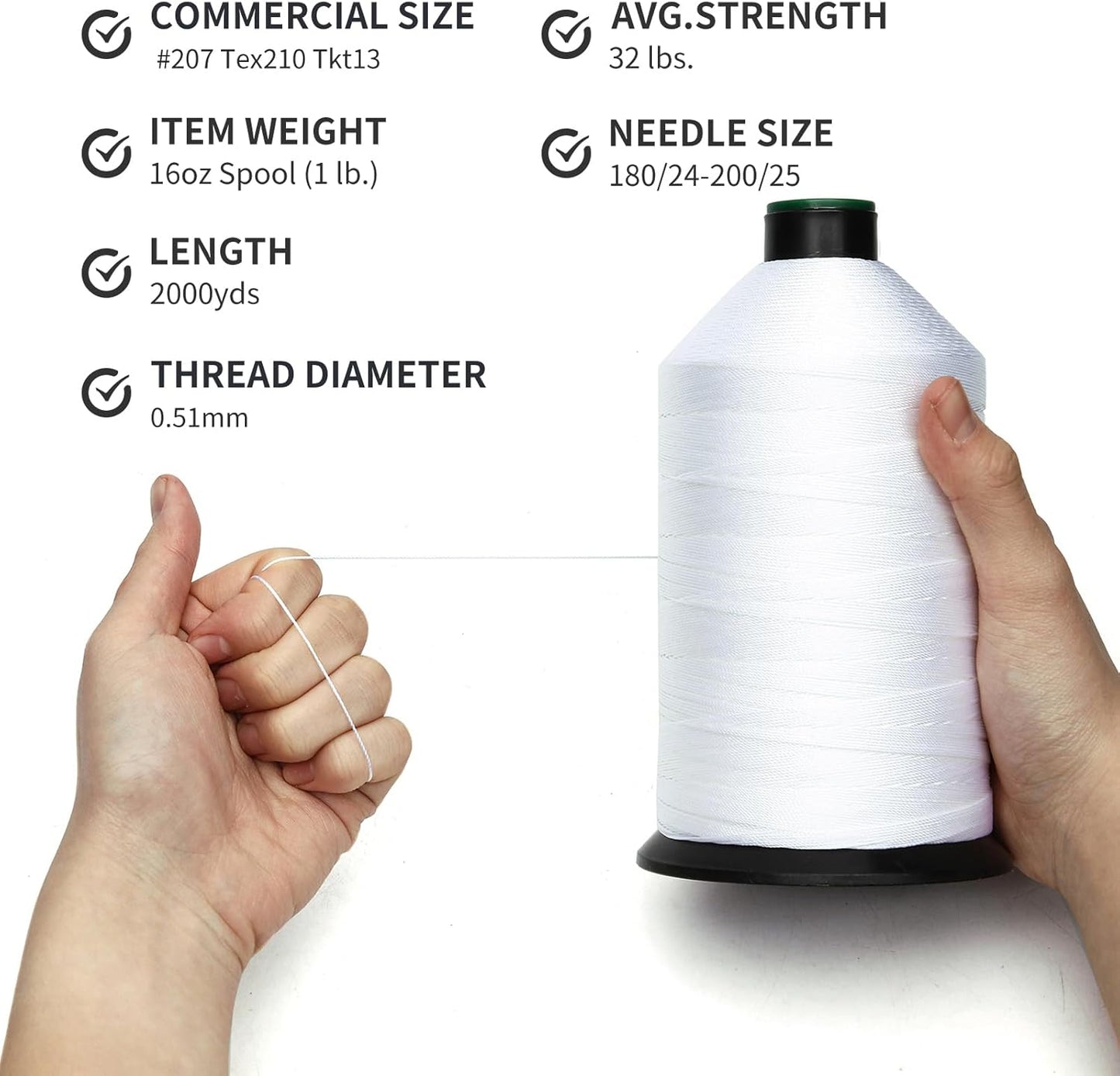 Extra Strong Bonded Nylon Thread #207 Tex210 – 16 OZ, 2000yds, Versatile Stitching Solution for Leather, Upholstery, Canvas Repair and More (White)