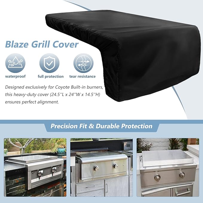 Cover for Coyote Built-in Power Burner,Heavy Duty 600D Waterproof Outdoor Grill Burner Cover with Plush Lining,24.5''L x 24''W x 14.5''H,Black