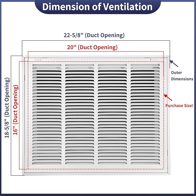 20"W x 16"H [Duct Opening Size] Steel Return Air Filter Grille - Removable Face/Door for 1 inch Filters -HVAC Vent Cover Grill - White [Outer Dimensions: 22 5/8"W X 18 5/8"H]