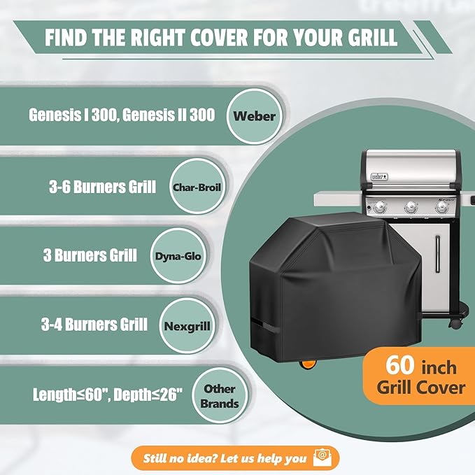 Grill Cover 60 Inch - Superior BBQ Cover for Weber Genesis 300 Series Gas Grill - 600D Outdoor Barbecue Covers for Weber Genesis ii 300, Dyna-glo, Char-Broil, Nexgrill, Monument and Brinkmann