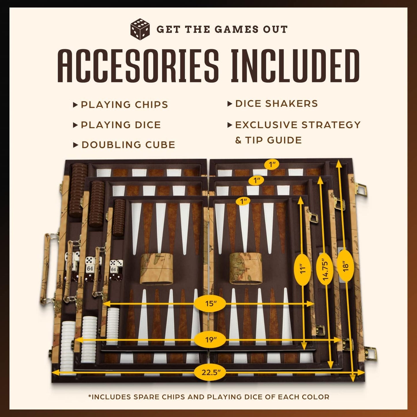 Get The Games Out Backgammon Set, Classic Board Game Case, 2 Players, Includes Strategy & Tip Guide, Perfect for Parties and Family Game Nights - Large, Map