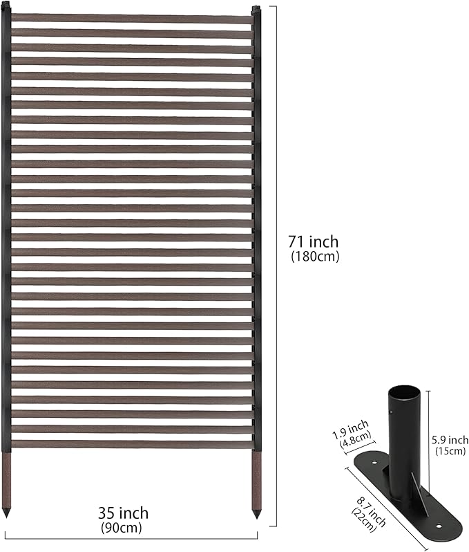 Outdoor Privacy Screen Fence with Feet Stand 3FT x 6FT, Freestanding Fence Privacy Screen for Outside, Metal Pipes and Slats Panels Divider Stake for Garden Patio Balcony Backyard Brown