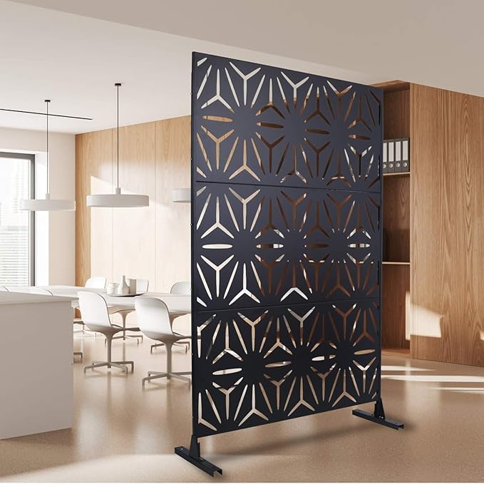 Outdoor Privacy Screen, 76" H x 48" W Decorative Metal Panel, Steel Privacy Divider with Freestanding Base, Ideal for Garden, Patio, or Balcony, Black