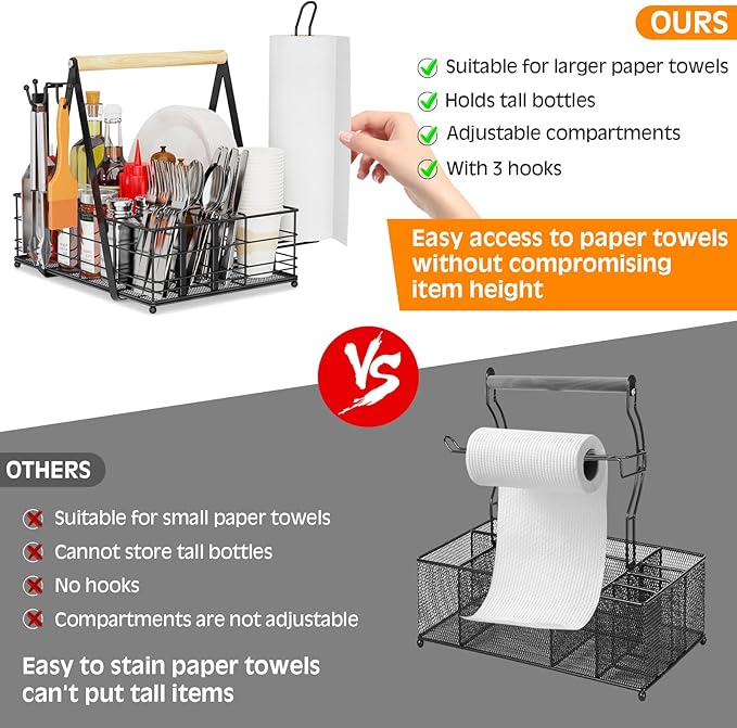 Grill Caddy with Paper Towel Holder, Picnic BBQ Condiment Utensil Organizer Caddy for Camping, Rv, Camping Accessories, Camping Essential, Camper Must Haves, Barbecue Tool Sets