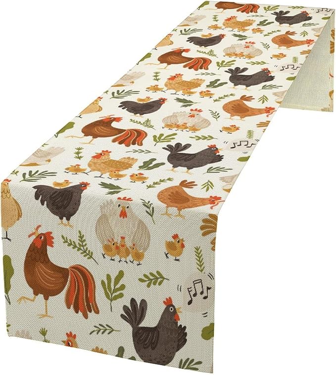Cute Roosters Chickens Table Runners, Rustic Farm Animals Hen Table Runner for Farmhouse Wedding Coffee Dining Table Party Home 13x108in