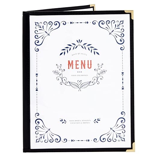 Juvale Clear Menu Covers 8x11 in 4 View - 12-Pack, Letter Size Black PU Leather - Double Panel Clear Sleeves & Gold Metal Corners - Menu Holders for Restaurants & Bars