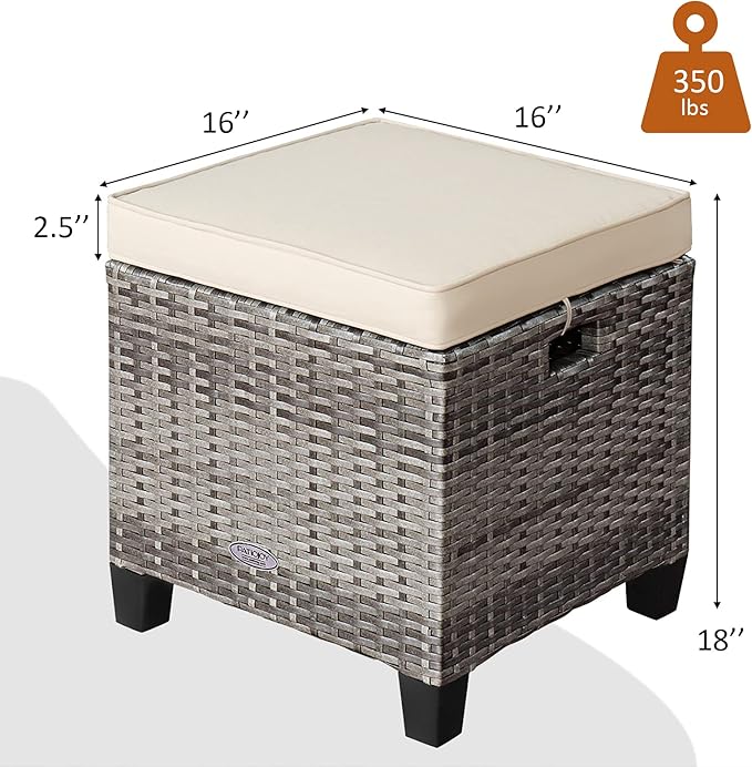 Tangkula 2 Pieces Patio Rattan Ottomans, Outdoor Wicker Footstool Footrest Seat with Soft Cushions and Steel Frame, All-Weather Patio Ottoman Set for Backyard Garden Poolside