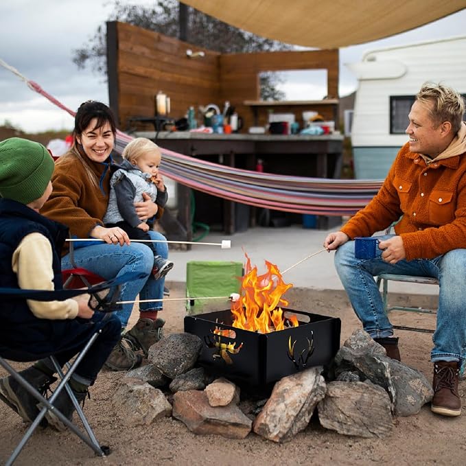 16.5 inch Portable Fire Pit with BBQ Grill for Collapsible Plug Fire Pit Suitable for Camping, Picnics, Courtyards, Garden Bonfires and Outdoor Firewood with Storage Bag (Square S-16.5in)