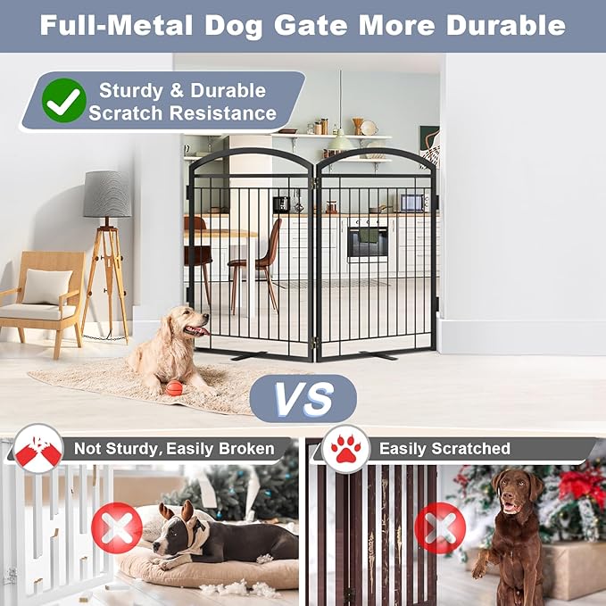 Full Metal Free Standing Dog Gate with Door for Indoor Outdoor, 48'' Extra Wide 36'' Tall Dog Gate for Doorways,Large Openings,Decks,Pet Puppy Freestanding Safety Fence(2 Panels,Black)