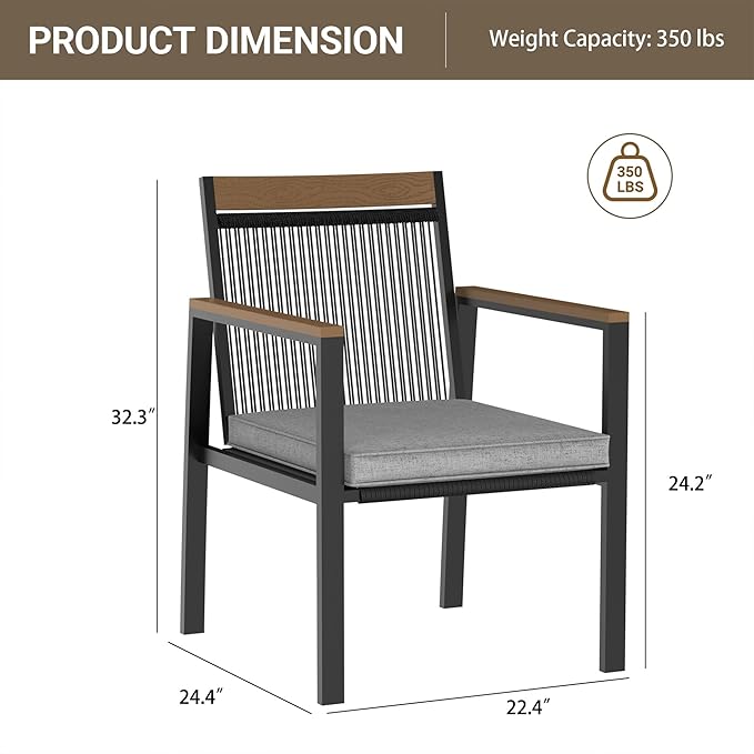 Set of 2 Outdoor Dining Chairs – Ergnomic Patio Seating with Handwoven Rope Design and Soft Cushions for Patio, Backyard, Poolside, Balcony – 350lb Weight Capacity