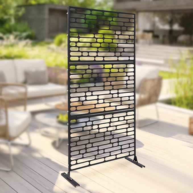 Outdoor Metal Privacy Screen with Stand, 35.4" W x 75" H Freestanding Metal Slatted Decorative Privacy Screen and Panels for Patio Garden Balcony Porch (Black Rounded Rectangle)
