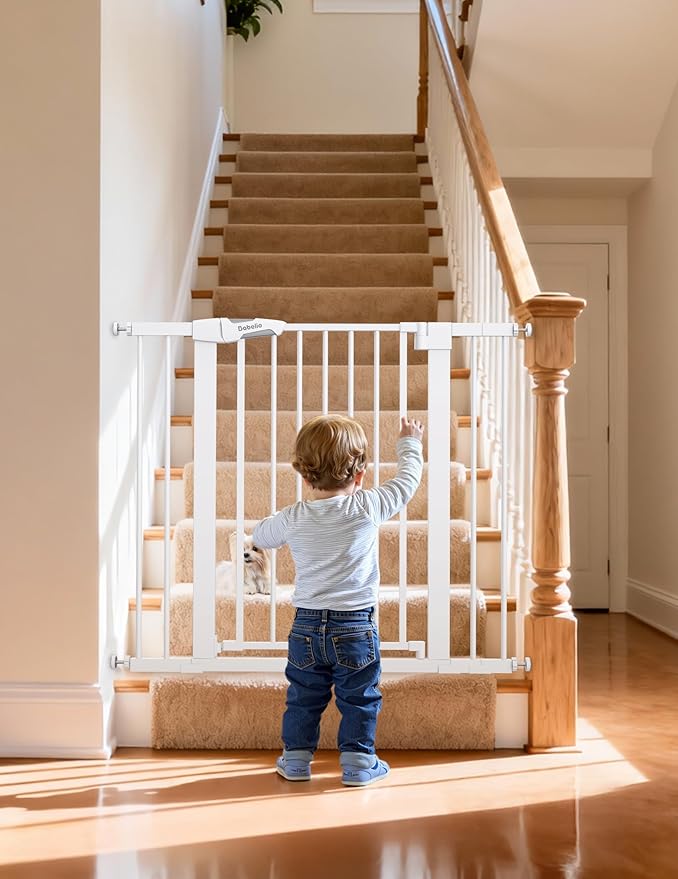 BABELIO 36" Tall Dog Gate PressGuard C5, 26-40" Wide Auto Close Baby Gate, Pressure Mounted Metal Pet Gate, Easy Install No Drilling, No Tools Needed, with Wall Protectors and Extension Kits, White