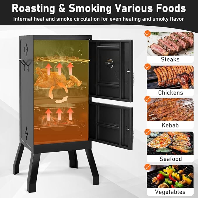 Happygrill Charcoal Grills, 40" Vertical BBQ Smoker Grill with Built-in Thermometer, Adjustable Air Dampers, Removable Water Pan & Grill Grates for Backyard Picnics, Party, Outdoor Camping