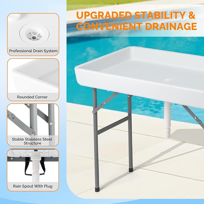 VINGLI Ice Table with Side Table, Portasble Cooler Table with Removable Skirt, Patio Table, Indoor & Outdoor Bar for Events, Parties and Camping White