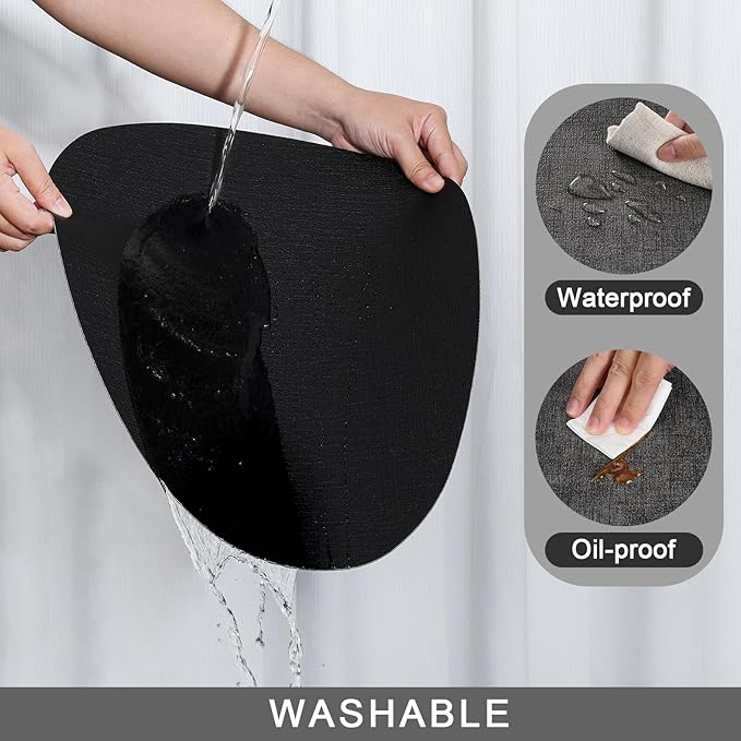 Placemats and Coasters, Washable Reversible Placemats Round Faux Leather Wipeable Place Mats Non Slip Heat Resistant Indoor Outdoor Table Mats (Set of 6, Gray Black)