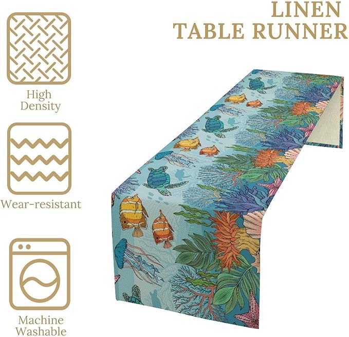Coastal Table Runner, Ocean Nautical Coral Starfish Seashell Sea Turtle Table Runner for Dining Table Kitchen Party Picnic Home 13x60in