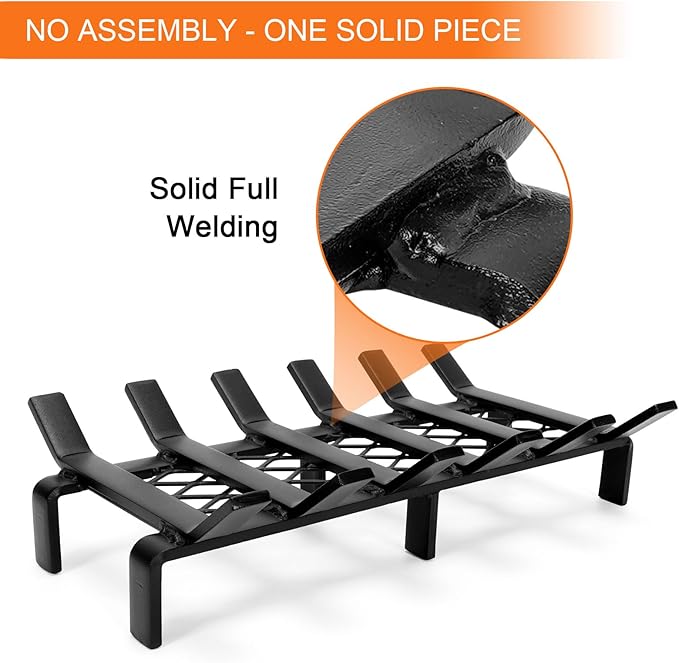 17" Fireplace Grate with Ember Retainer, Wood Stove Grate Rack, Heavy Duty Solid Steel 6-Bars Firewood Holder, Non-Assembly Fire Grate for Indoor Hearth Outdoor Firepit - Matt Black